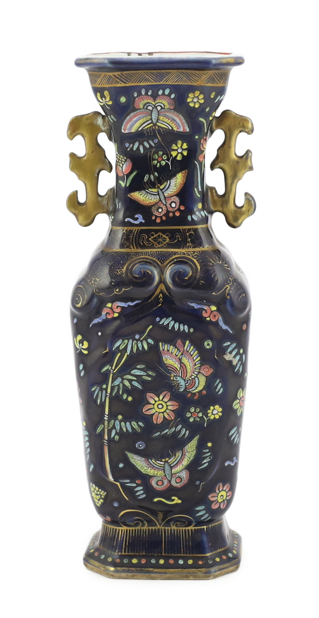 An unusual Chinese blue glazed two handled vase, the porcelain Qianlong period, the enamelled decoration early 19th century English